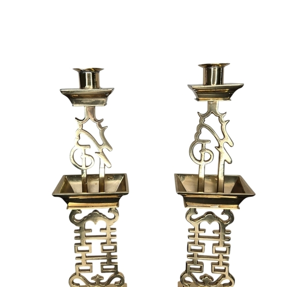 Set Of 2 Vintage 15" Tall Brass Chinese Candle Holders, Chinoiserie Candlesticks - Picture 3 of 15